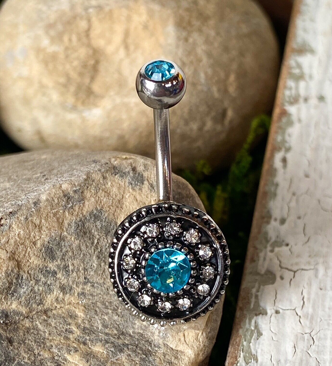 Vintage Shield CZ Gem Belly Ring Pierced Navel 14g Aurora Borealis, Pink, Aqua