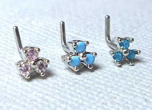 1pc Opalite 3 Stone Triangle L-Bend 20g Nose Ring Stud Screw 316L Surgical Steel