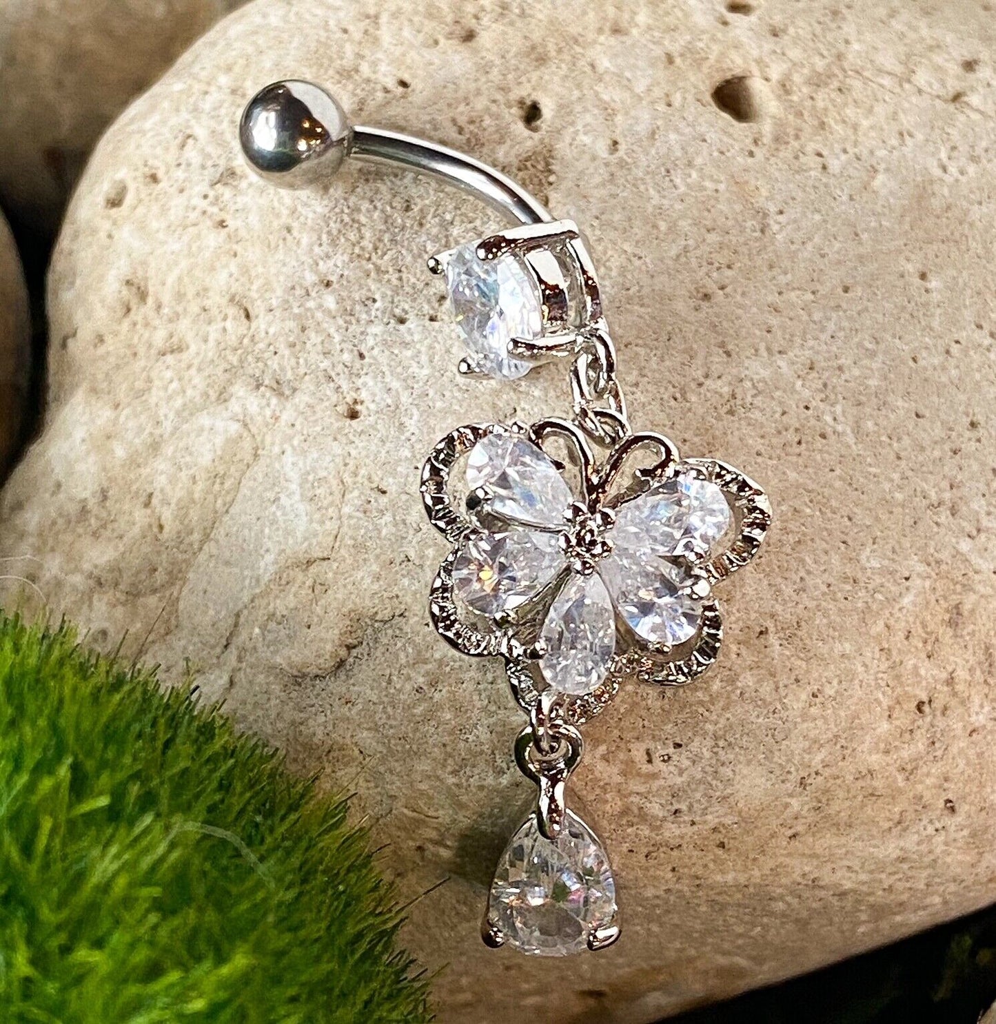 Butterfly CZ Gem Belly Ring Navel Naval Teardrop Dangle Clear, Mulitcolor