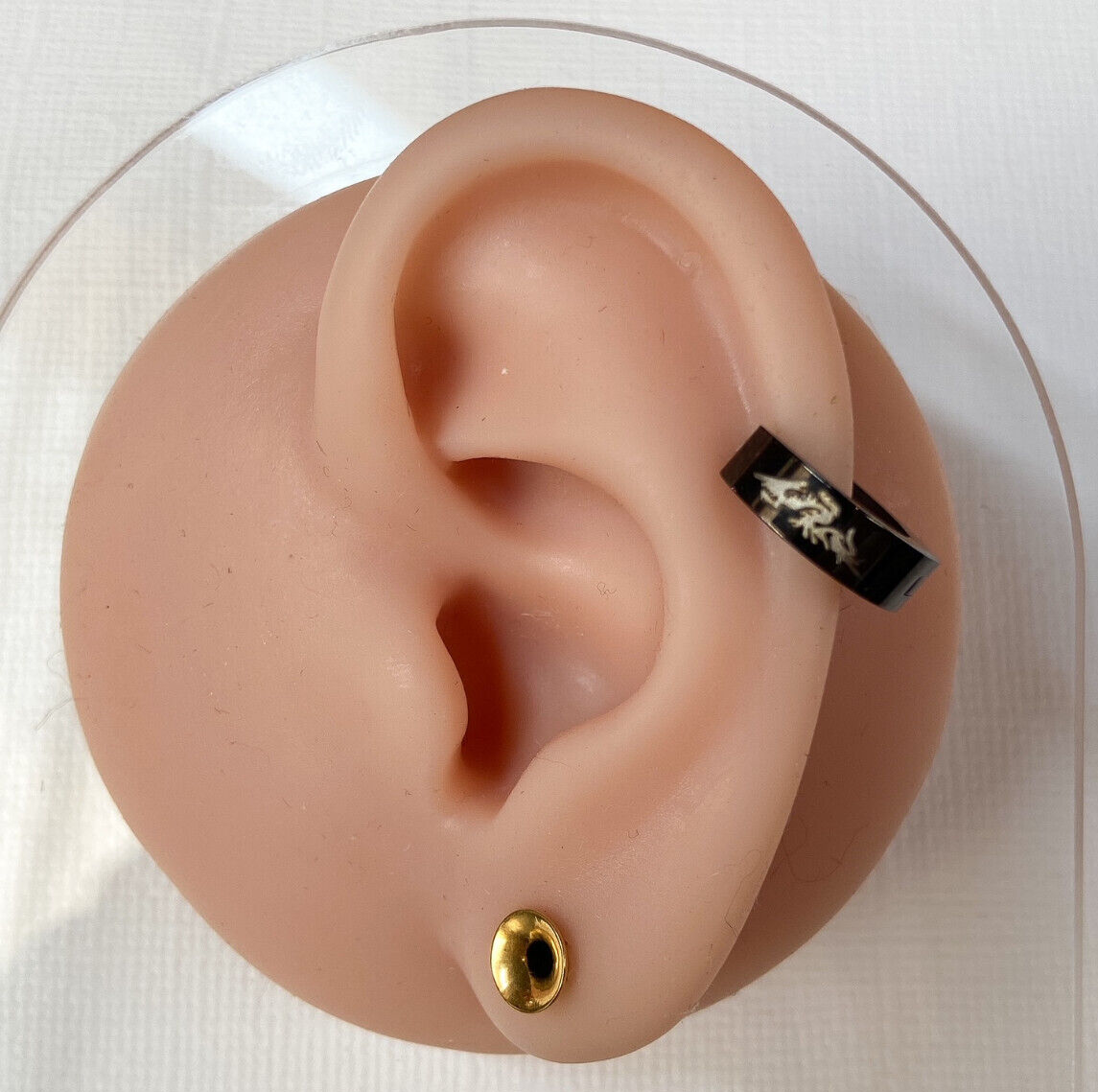 PAIR of Black Steel Hinged Hoop Huggies Earrings w/ Dragon Print Jewelry
