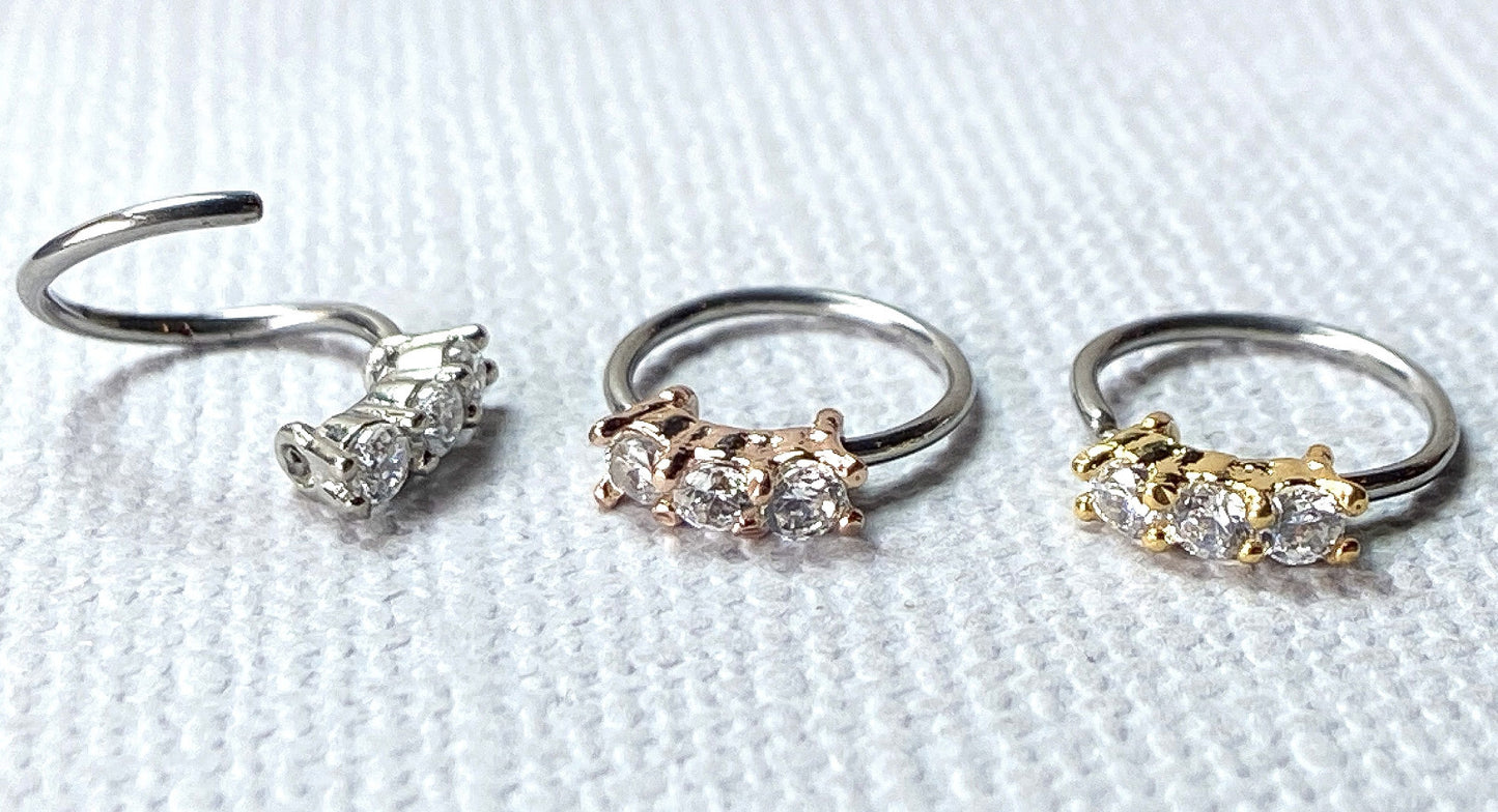 1pc Three Gem Bendable Nose, Cartilage, Helix Hoop Ring Rook Daith Helix Tragus