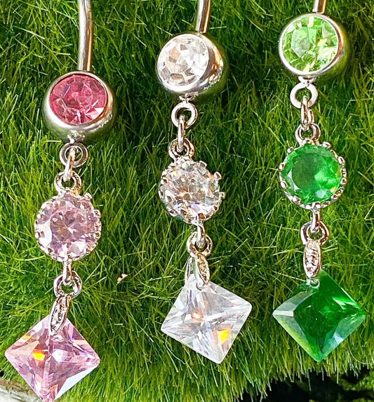 Vintage Princess Cut Press Fit Gem Belly Ring Navel Clear,Green,Pink,Tanzanite