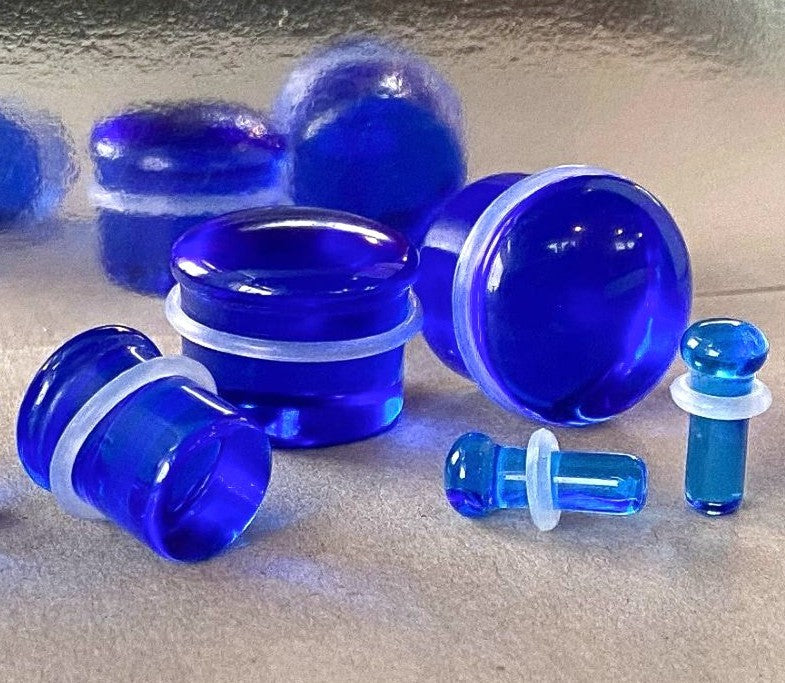 PAIR Blue Glass Single Flare Plugs Gauges Tunnels Earlets Body Piercing Jewelry
