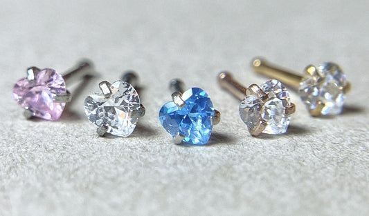 5pcs Prong Set Heart Gem Nose Ring Studs Bones 316L Surgical Steel Body Jewelry