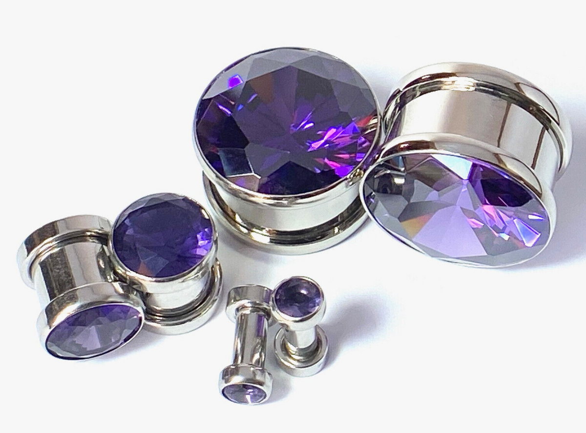 PAIR Large Purple Gem Screw Fit Tunnel Plugs Gauge Pierced Body Jewelry Piercing