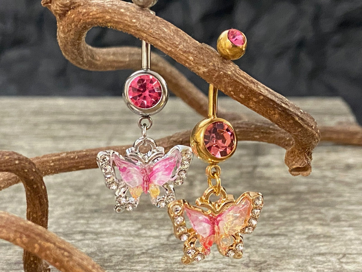 1pc Butterfly Double CZ Gem Belly Ring Navel Piercing Pierced Naval Body Jewelry