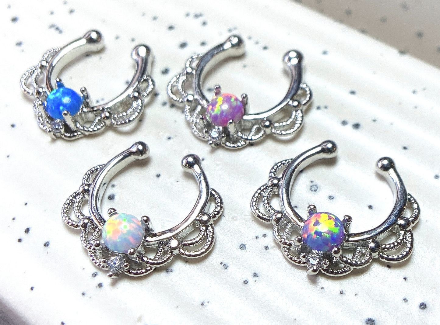 1pc NON-Pierced Lacey Single Opal Septum Hanger Fake Clip-on Nose Ring