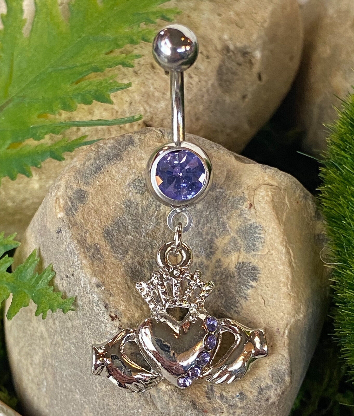 Irish Claddagh Dangle Gem Belly Ring Navel Naval Heart Crown