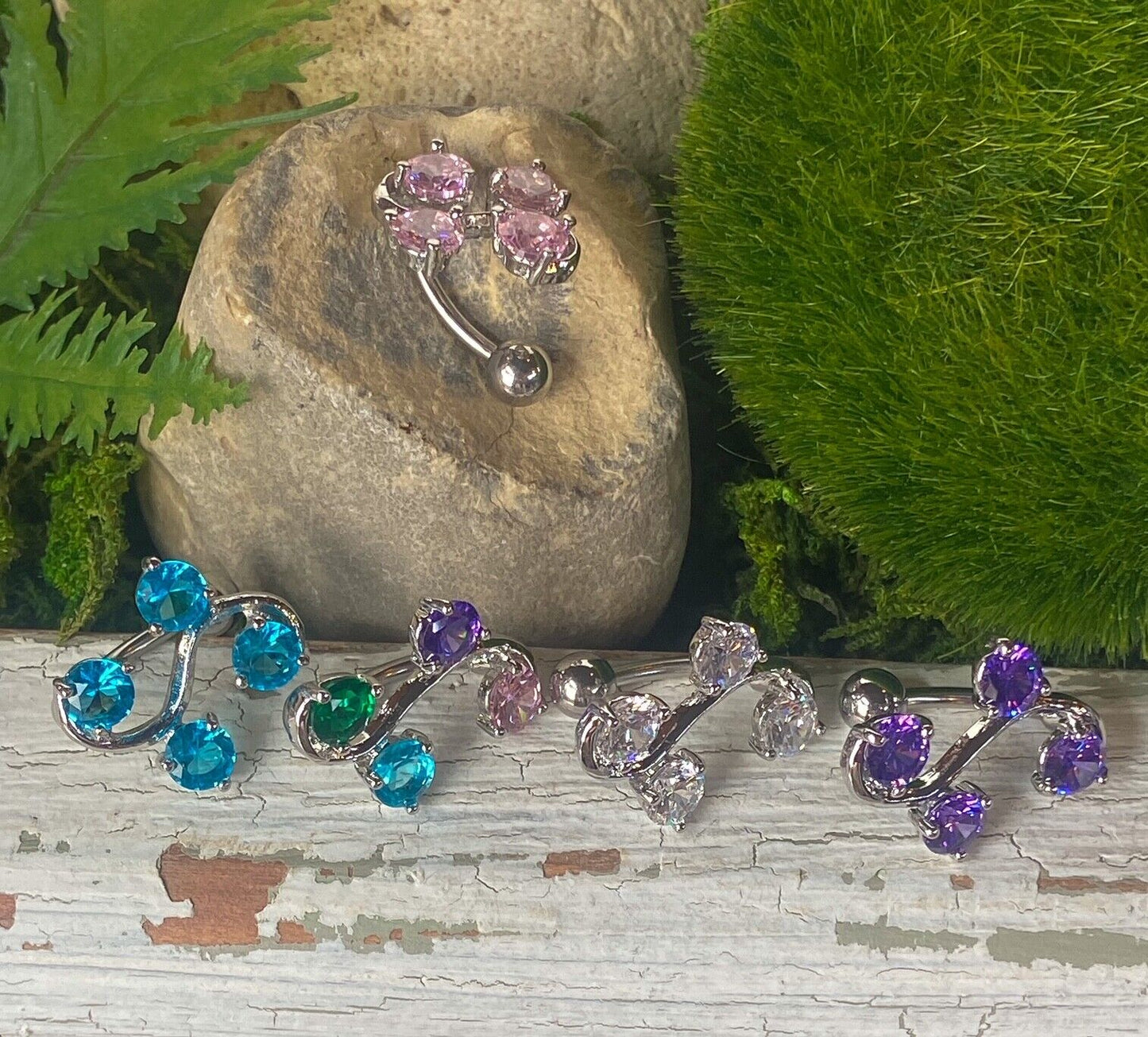 Reverse Vine CZ Gem Belly Ring Navel Top Down Naval Body Jewelry