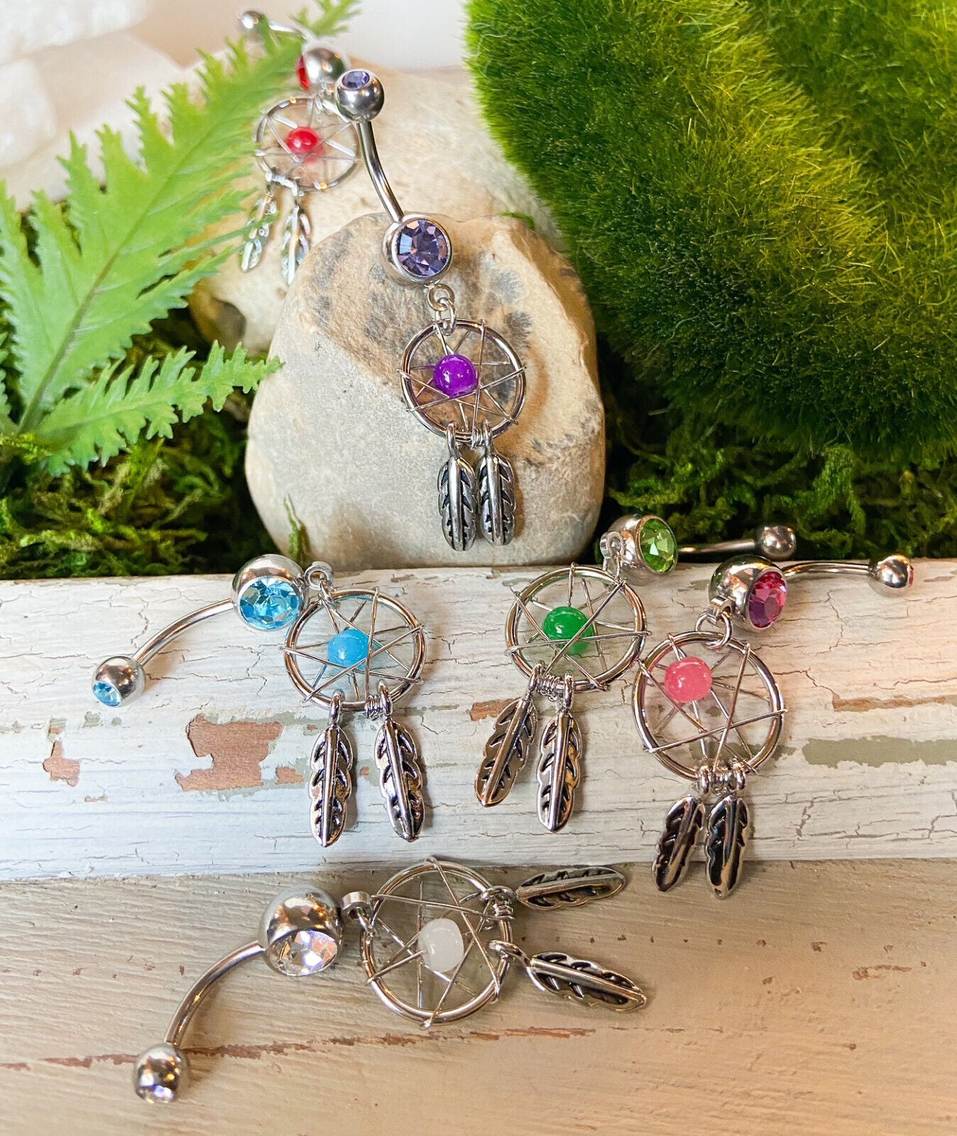 Dream Catcher Woven Star Bead Feathers Gem Belly Button Ring Navel Naval