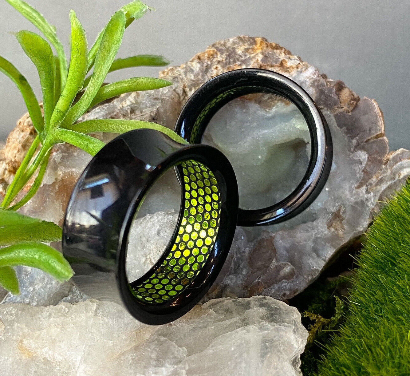 PAIR Inner Green Dotted Pattern Decal Black Acrylic Saddle Tunnels Plugs Gauges