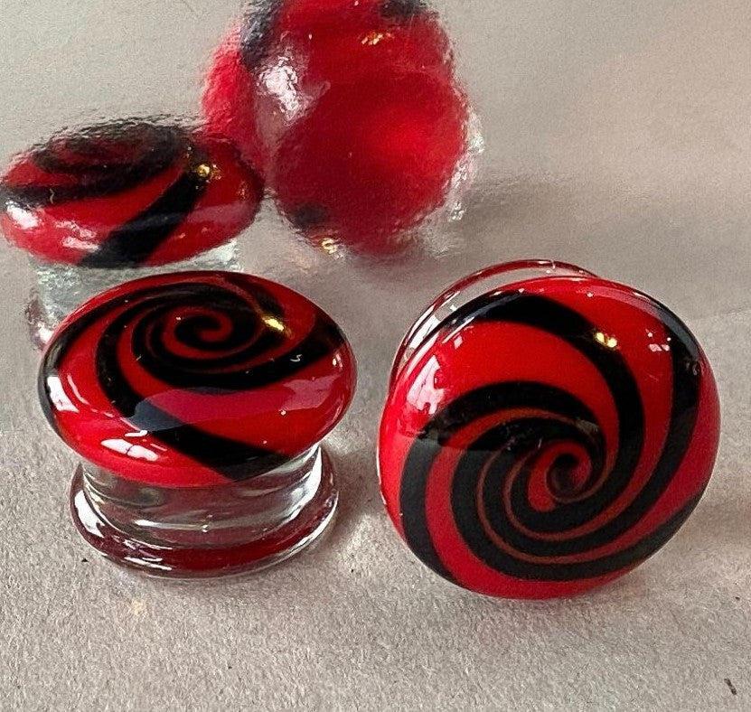 PAIR Red & Black Hypnotic Swirl Glass Double Flare Plugs Tunnels Gauges