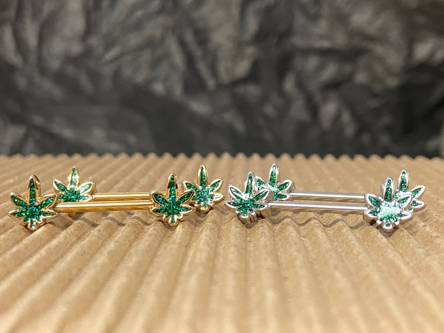 PAIR Glittery Marijuana Leaf Ends Nipple Rings Shields Barbells Pot Body Jewelry