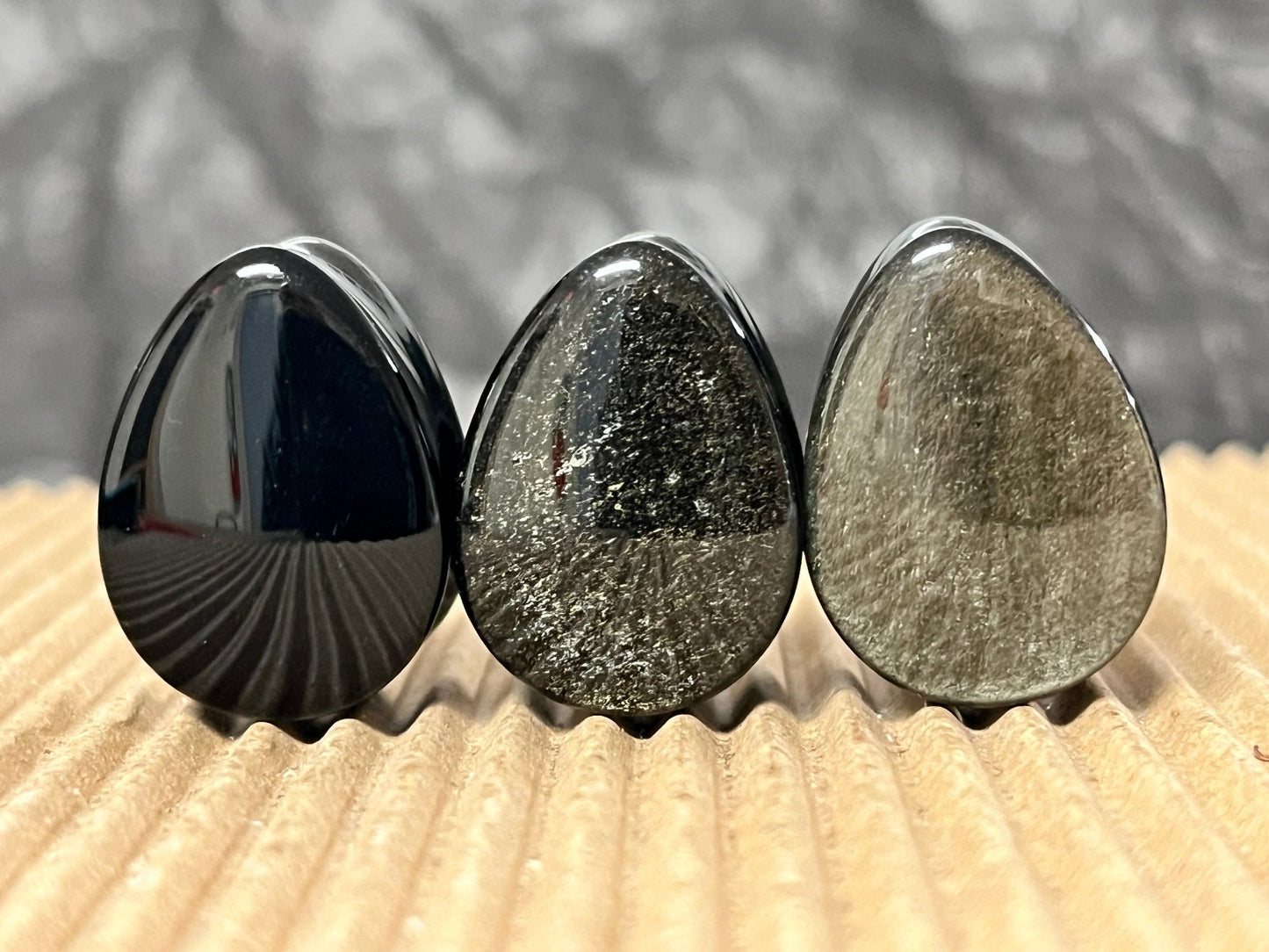 PAIR Teardrop Gold Obsidian Stone Plugs Tear Drop Ear Piercing Earlets Gauges