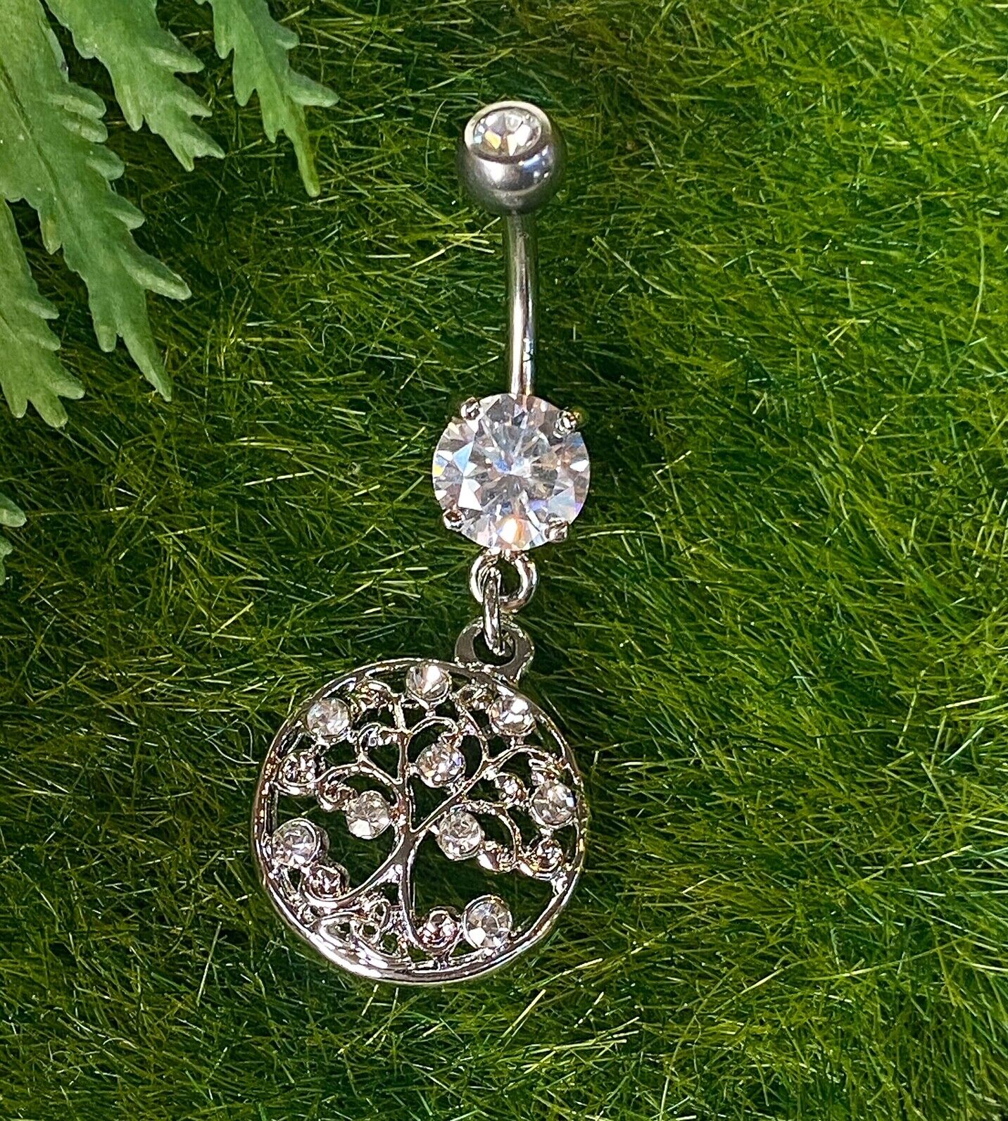 1pc Tree of Life Dangle w/Round CZ Pierced Belly Navel Naval Ring