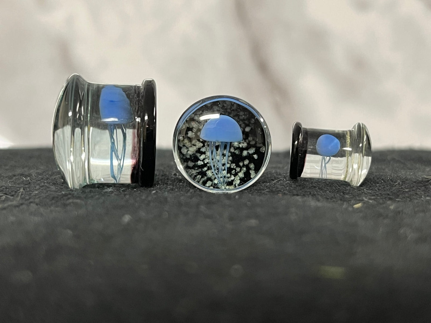 PAIR Blue Jellyfish Glass Double Flare Plugs Tunnel Gauges Glow in the Dark