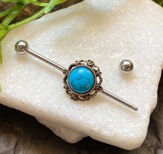 1pc Turquoise Lacey Filigree Industrial Barbell - choose Silver or Gold Edge