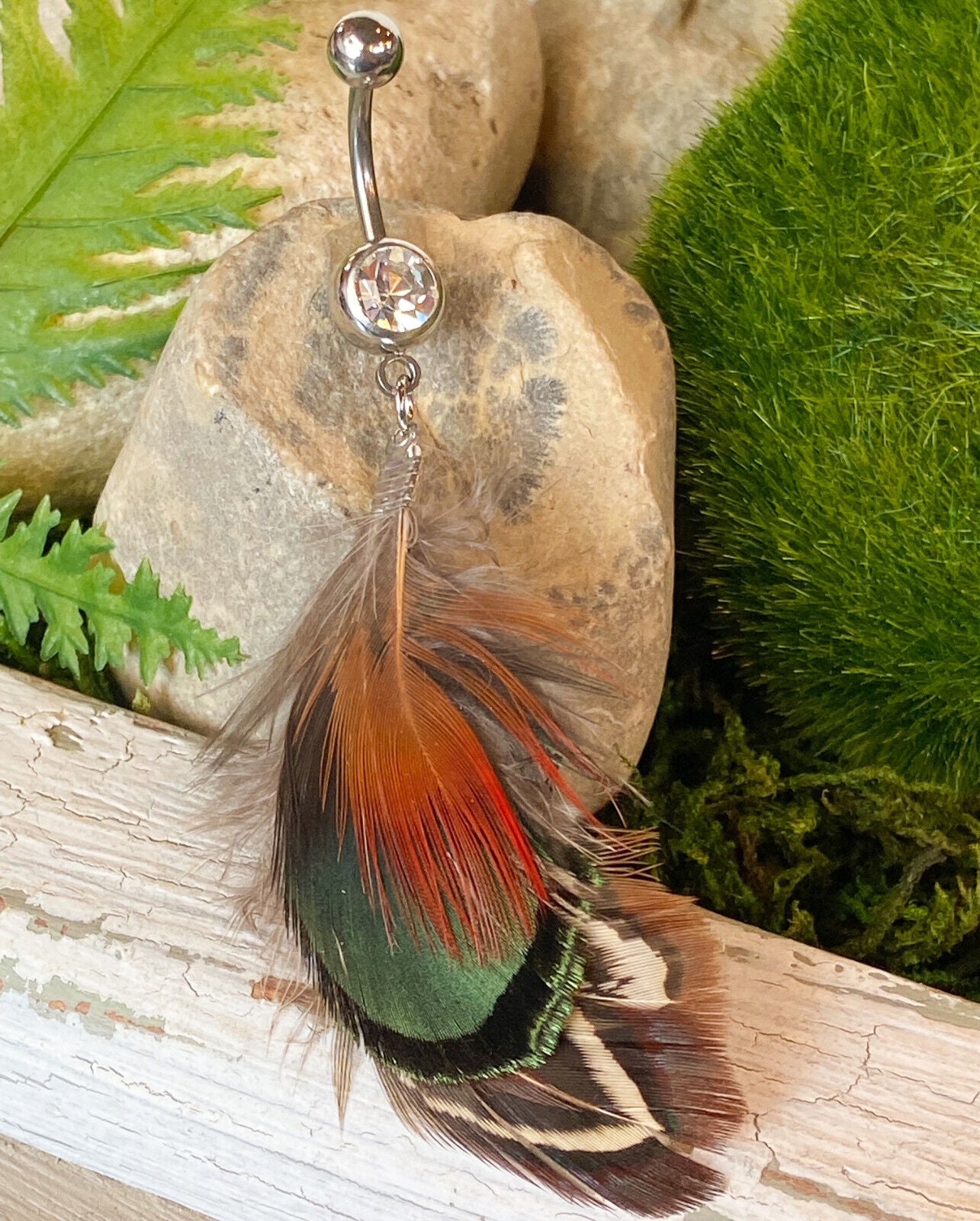 Real Feather Gem Belly Ring Navel Naval Black,Orange,White,Brown,Pink,Green,Red