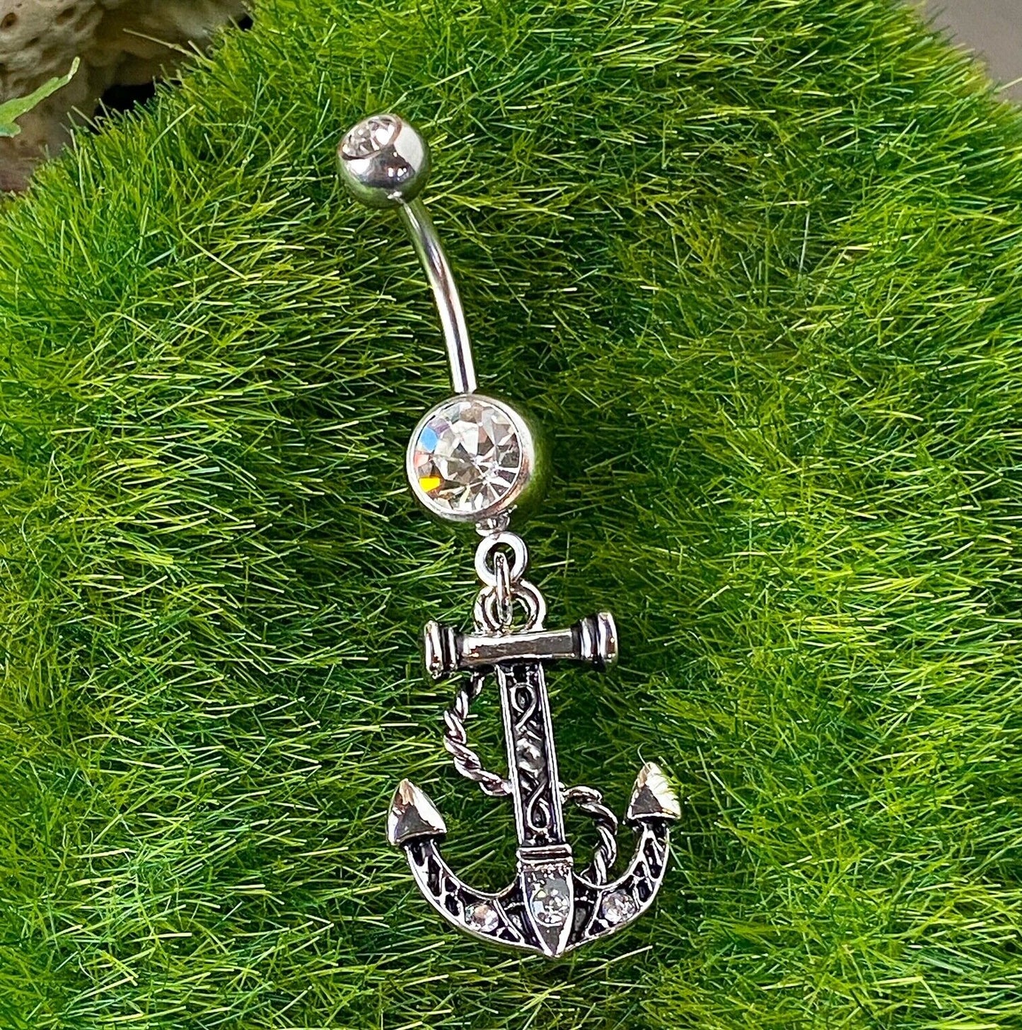 Anchor Dangle Belly Ring Pierced Navel Ship Nautical CZ Gem Clear, Pink, Aqua