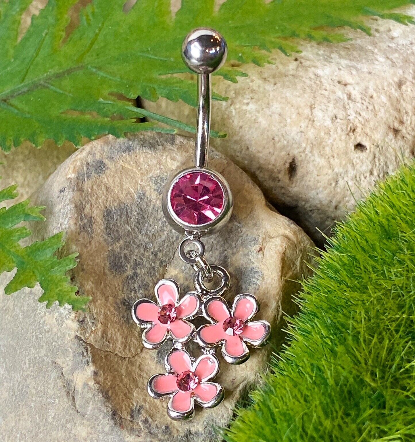 Triple Epoxy Flower CZ Gem Dangle Belly Ring Pierced Navel Pink, White