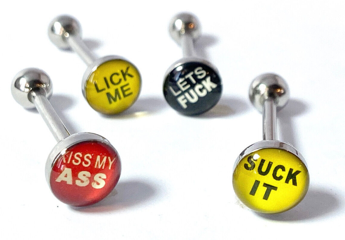 4pc Value Pack Epoxy Dome Bad Word Tongue Rings 14g Tounge Body Jewelry