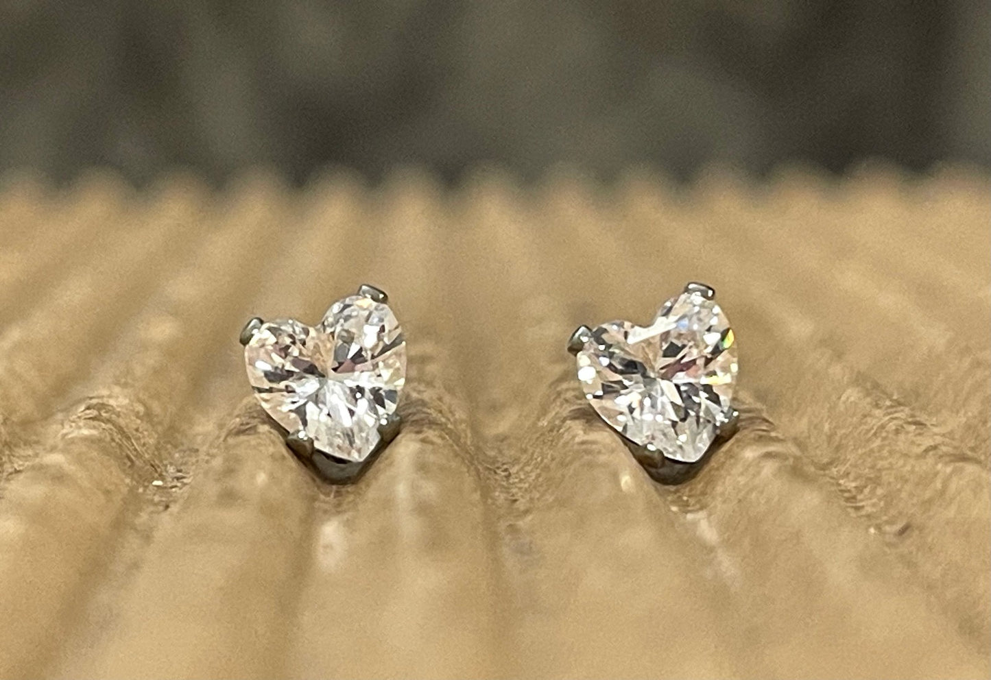 PAIR Heart CZ Gem Stud Earrings 316L Surgical Steel, choose color & gem size