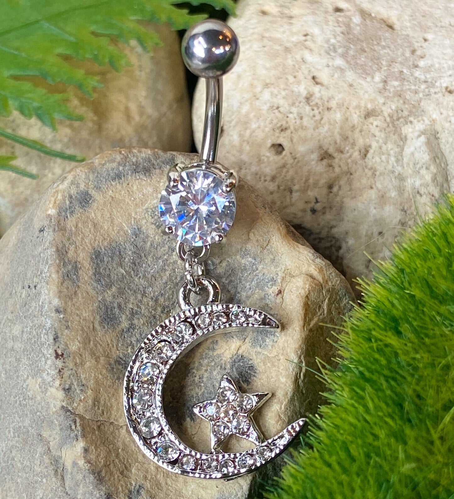 Moon Star Dangle Paved CZ Gem Belly Ring Pierced Navel Naval 14g