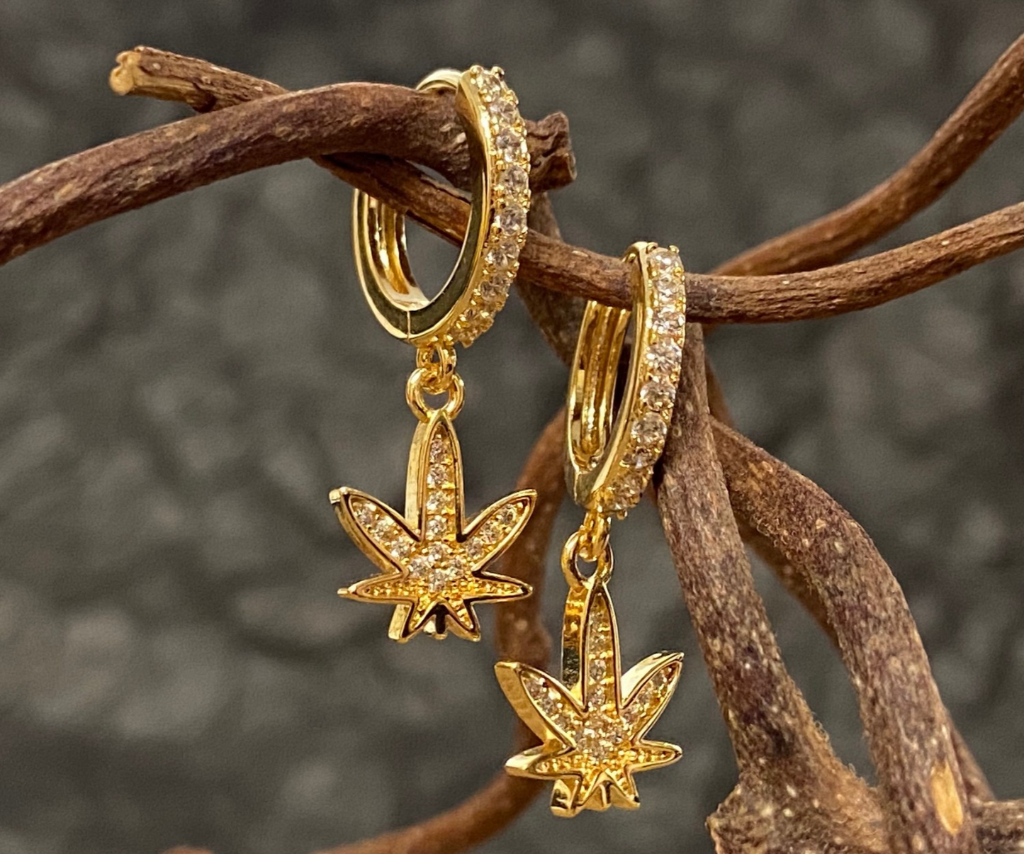 PAIR of CZ Gem Paved Pot Leaf Hinged Hoop Earrings Huggies 18g