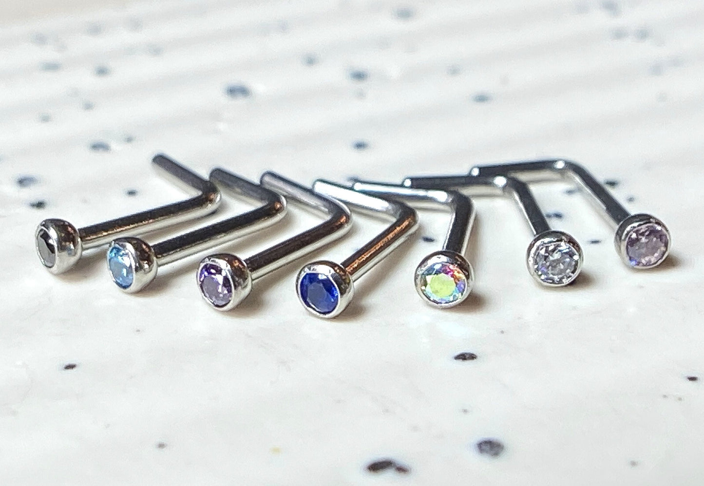 7pc Value Pack Press Fit Gem Surgical Steel L-Bend Nose Rings- choose 18g or 20g