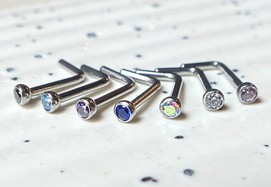 7pc Value Pack Press Fit Gem Surgical Steel L-Bend Nose Rings- choose 18g or 20g