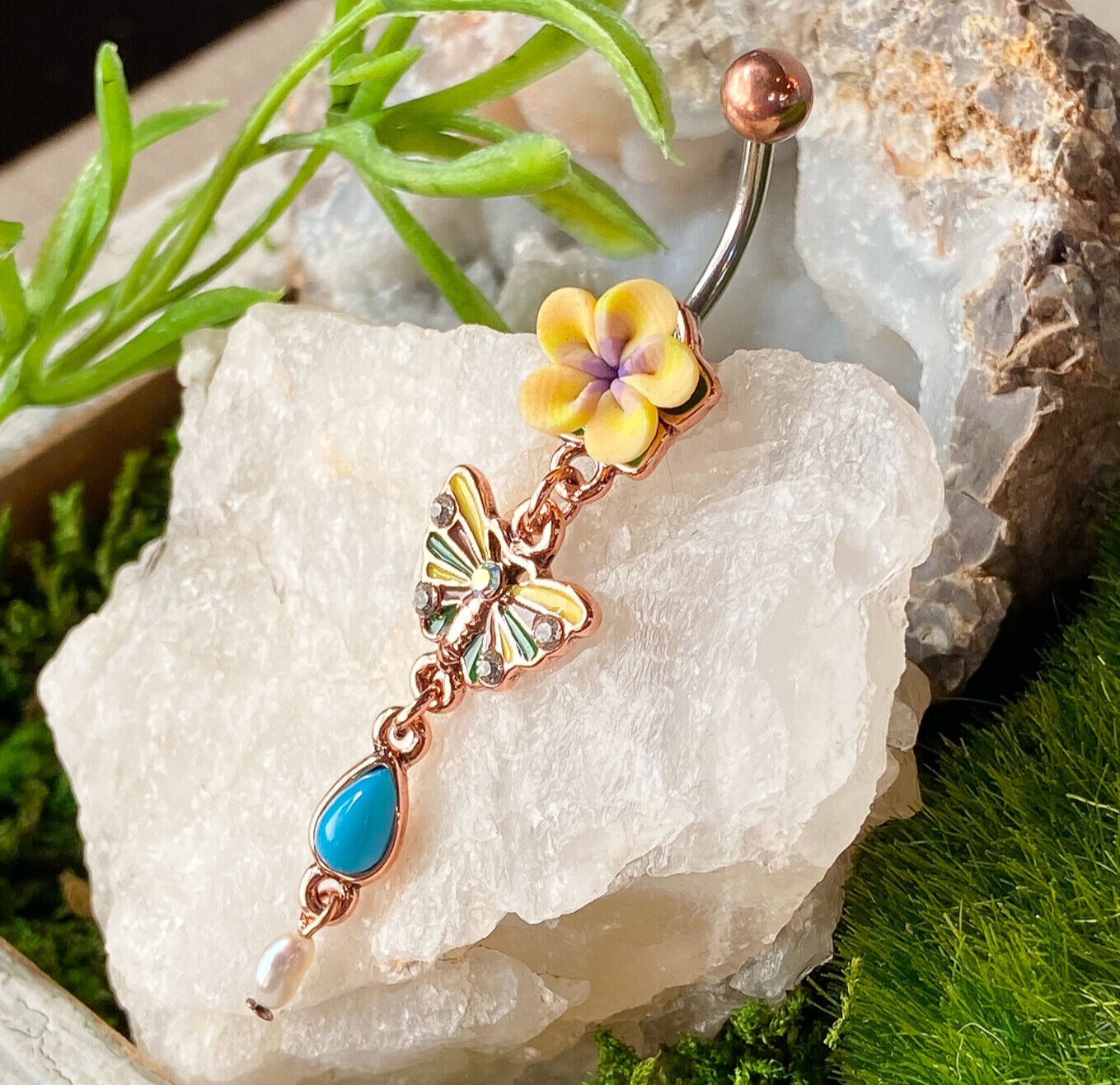 1pc Fimo Flower Vintage Belly Ring w/ Butterfly Dangle Navel Naval Body Jewelry