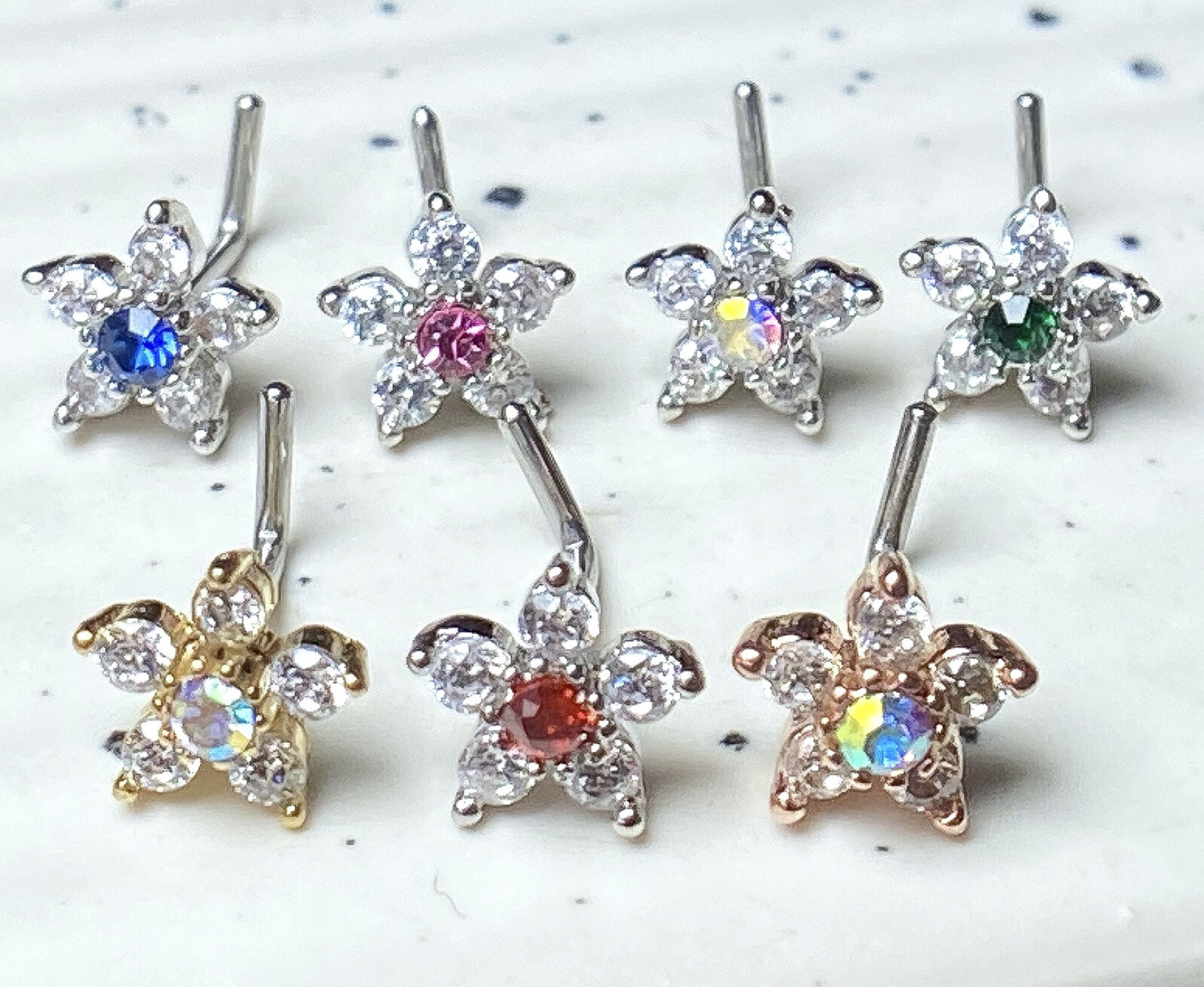 1pc Six CZ Gem Paved Flower Top 20g L-Bend Nose Ring Stud Screw Surgical Steel
