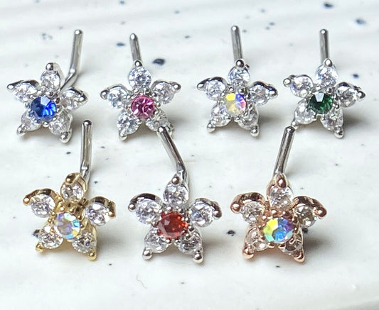 1pc Six CZ Gem Paved Flower Top 20g L-Bend Nose Ring Stud Screw Surgical Steel