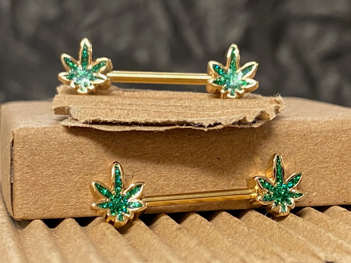 PAIR Glittery Marijuana Leaf Ends Nipple Rings Shields Barbells Pot Body Jewelry