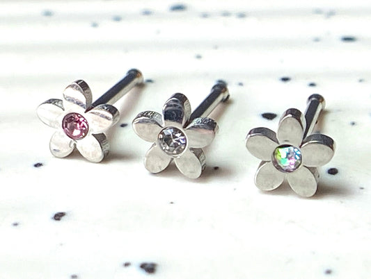 1pc Crystal Centered Five Petal Flower 20g Surgical Steel Nose Stud Ring