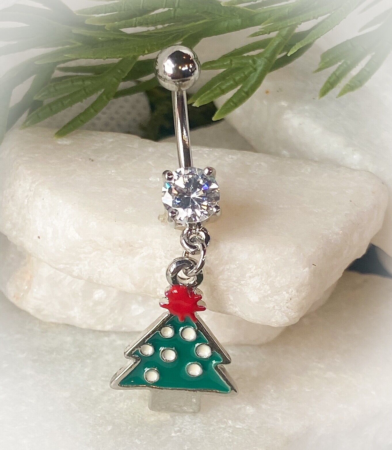 Christmas Dangle Belly Ring Pierced Navel Holiday Surgical Steel 14k Gold IP