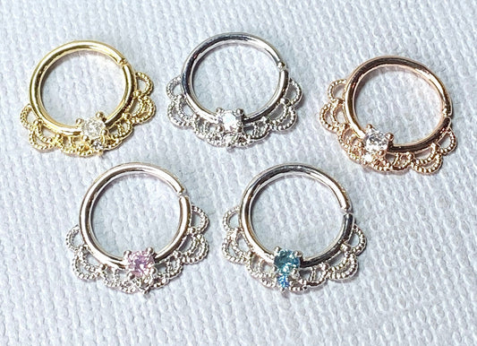 1pc CZ Gem Filigree Hoop Ring Nose Septum Daith Rook Tragus Ear Cartilage