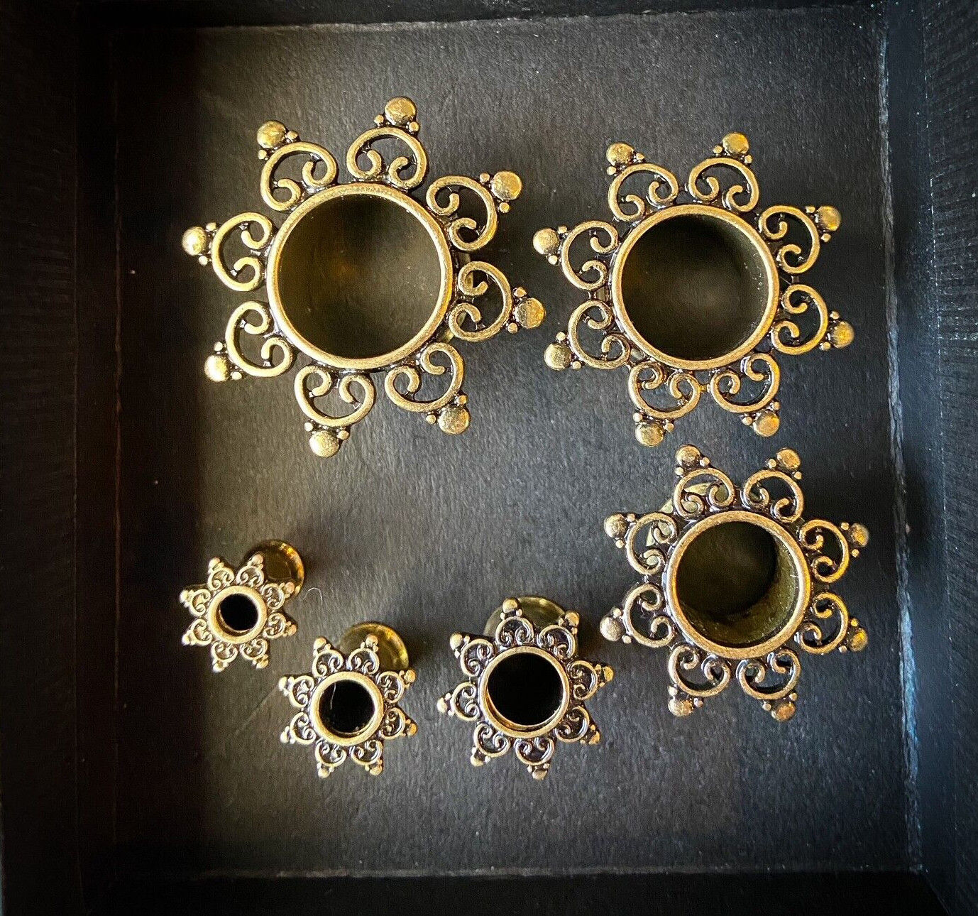PAIR Antique Gold IP Tribal Sun Design Tunnels Plugs Earlets Gauges Body Jewelry