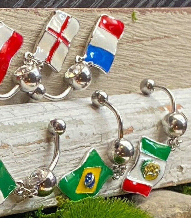 Flag Belly Ring 316L Surgical Steel Pierced Navel Naval Patriotic Country CZ Gem