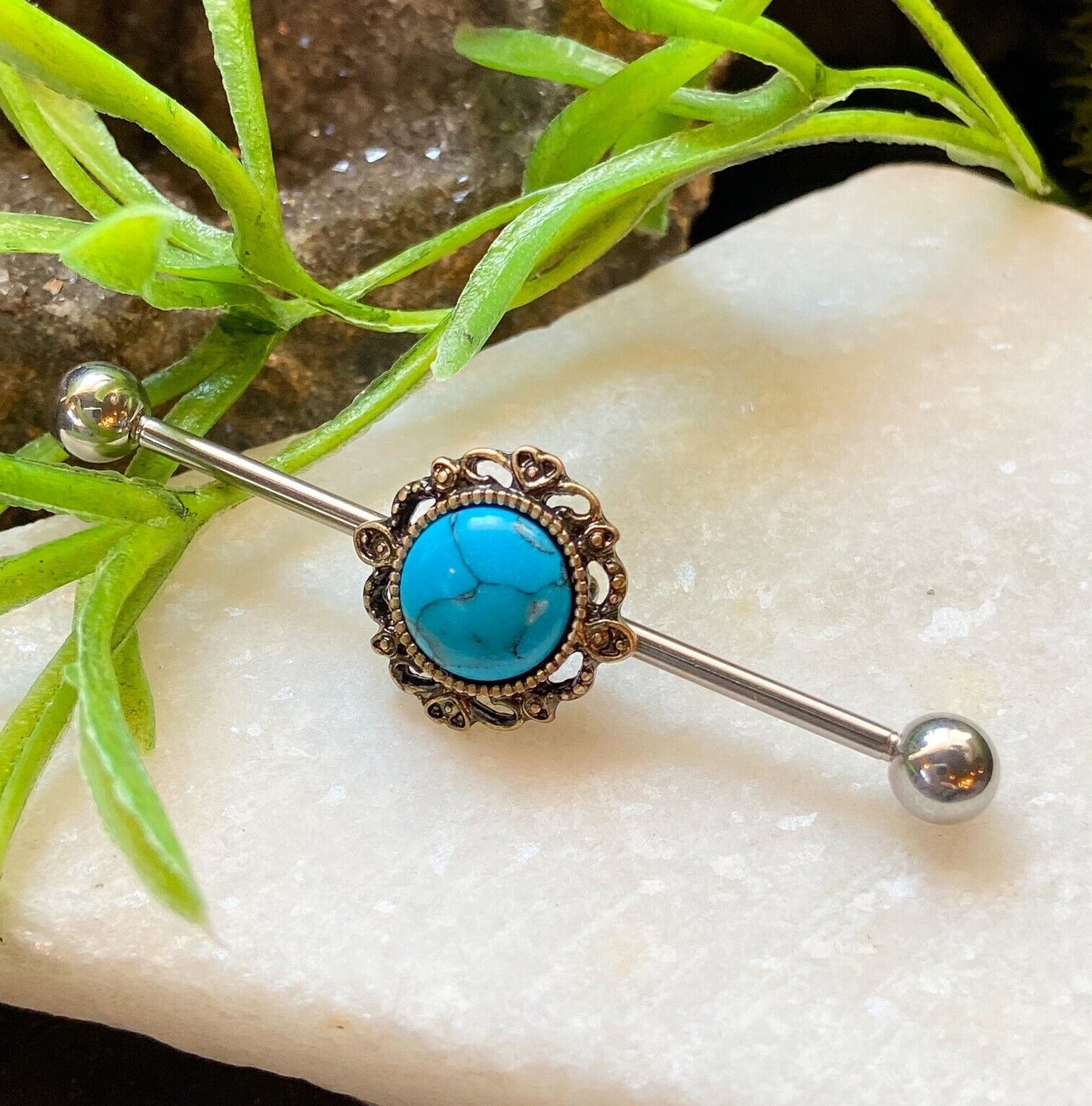 1pc Turquoise Lacey Filigree Industrial Barbell - choose Silver or Gold Edge