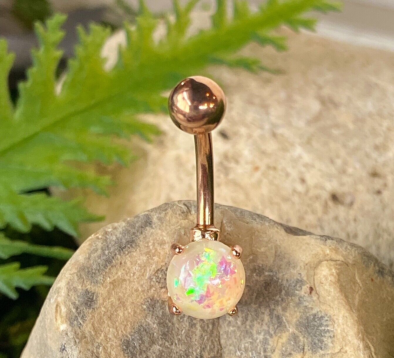 Solitaire Opal Stone Belly Ring Pierced Navel Rose Gold, Blue, Green, Pink