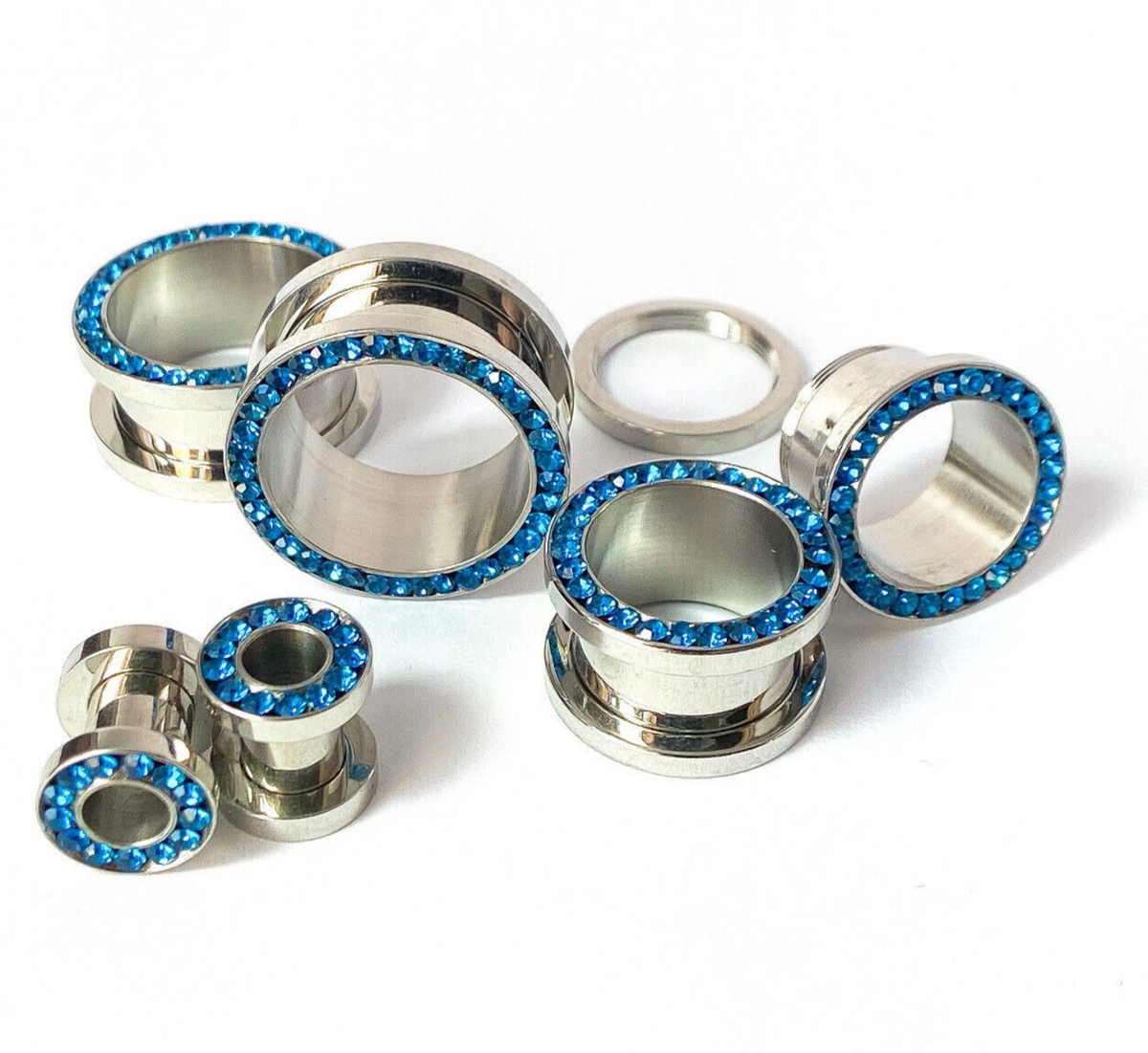 PAIR Sapphire Blue Gem Rimmed 316L Surgical Steel Screw Fit Tunnels Plugs Gauges