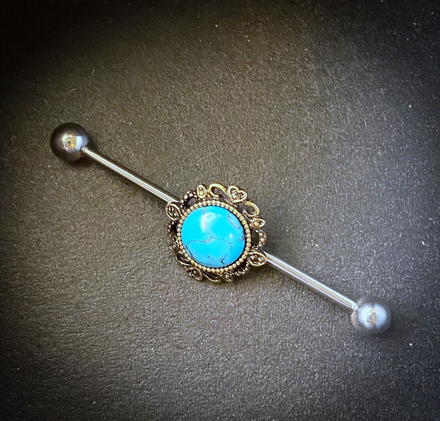 1pc Turquoise Lacey Filigree Industrial Barbell - choose Silver or Gold Edge