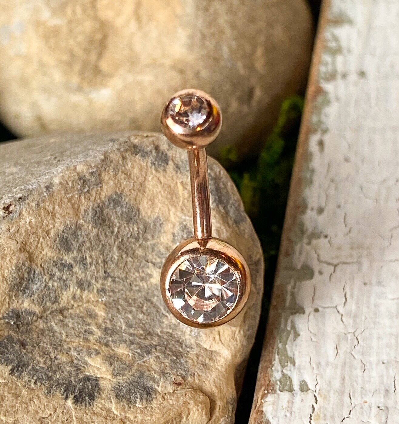 Rose Gold Plated Steel Double CZ Gem Ball Belly Ring Pierced Navel Naval