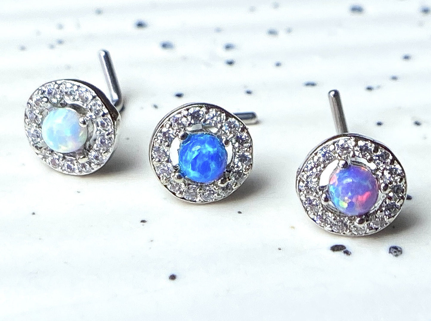 1pc CZ Gem Circle w/ Opal Dome Center L-Bend 20g Nose Stud Screw Ring