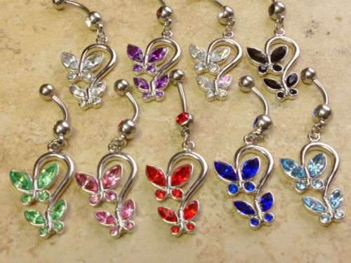 1pc Double Butterfly CZ Gems Dangle Belly Ring Navel Naval - choose your color