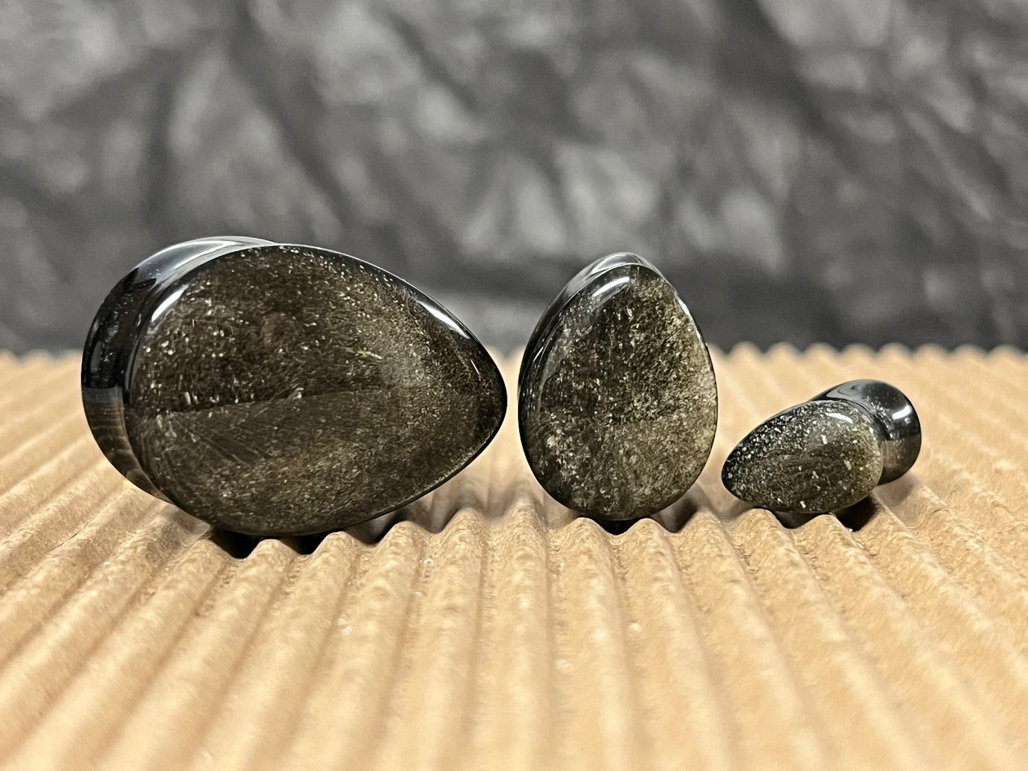 PAIR Teardrop Gold Obsidian Stone Plugs Tear Drop Ear Piercing Earlets Gauges