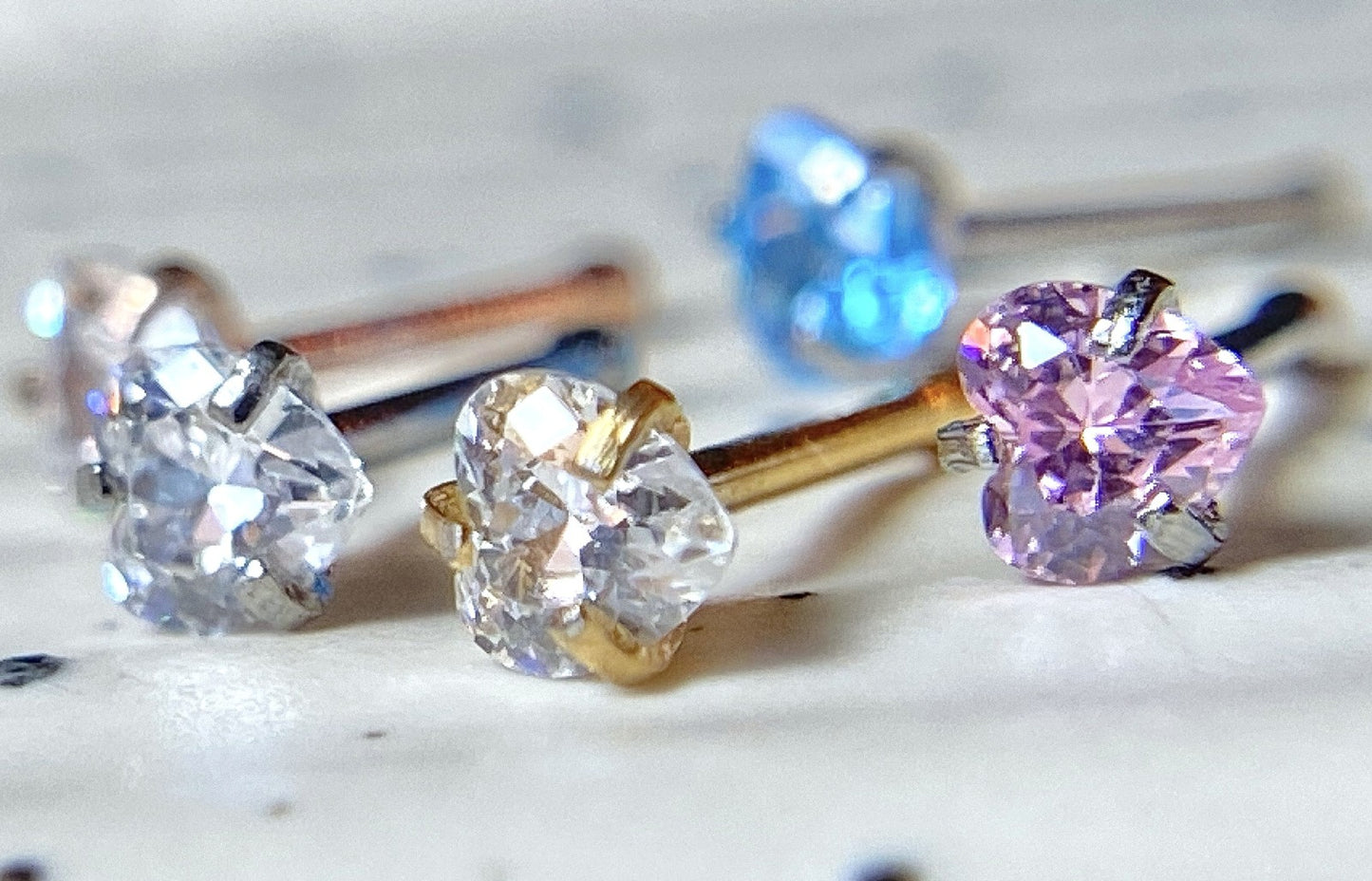 5pcs Prong Set Heart Gem Nose Ring Studs Bones 316L Surgical Steel Body Jewelry