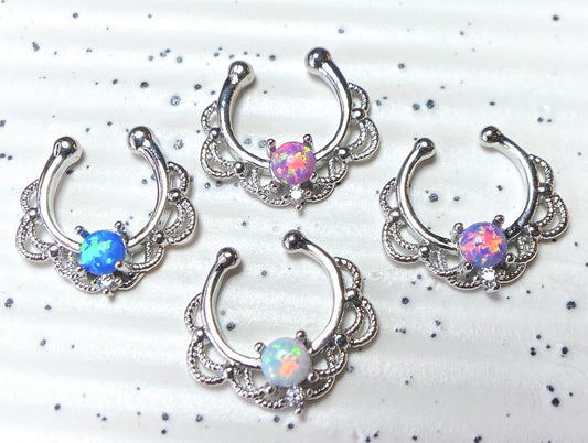 1pc NON-Pierced Lacey Single Opal Septum Hanger Fake Clip-on Nose Ring