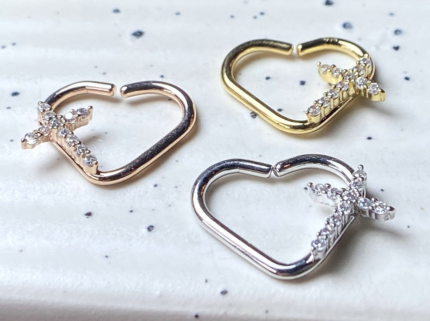1pc Heart Bendable Ear Cartilage Daith Hoop Ring w/ Paved CZ Gem Cross